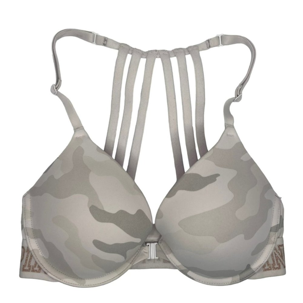 Victoria's Secret Pink Beige Camo Wear Everywhere Push Up Bra Racerback Size 32C